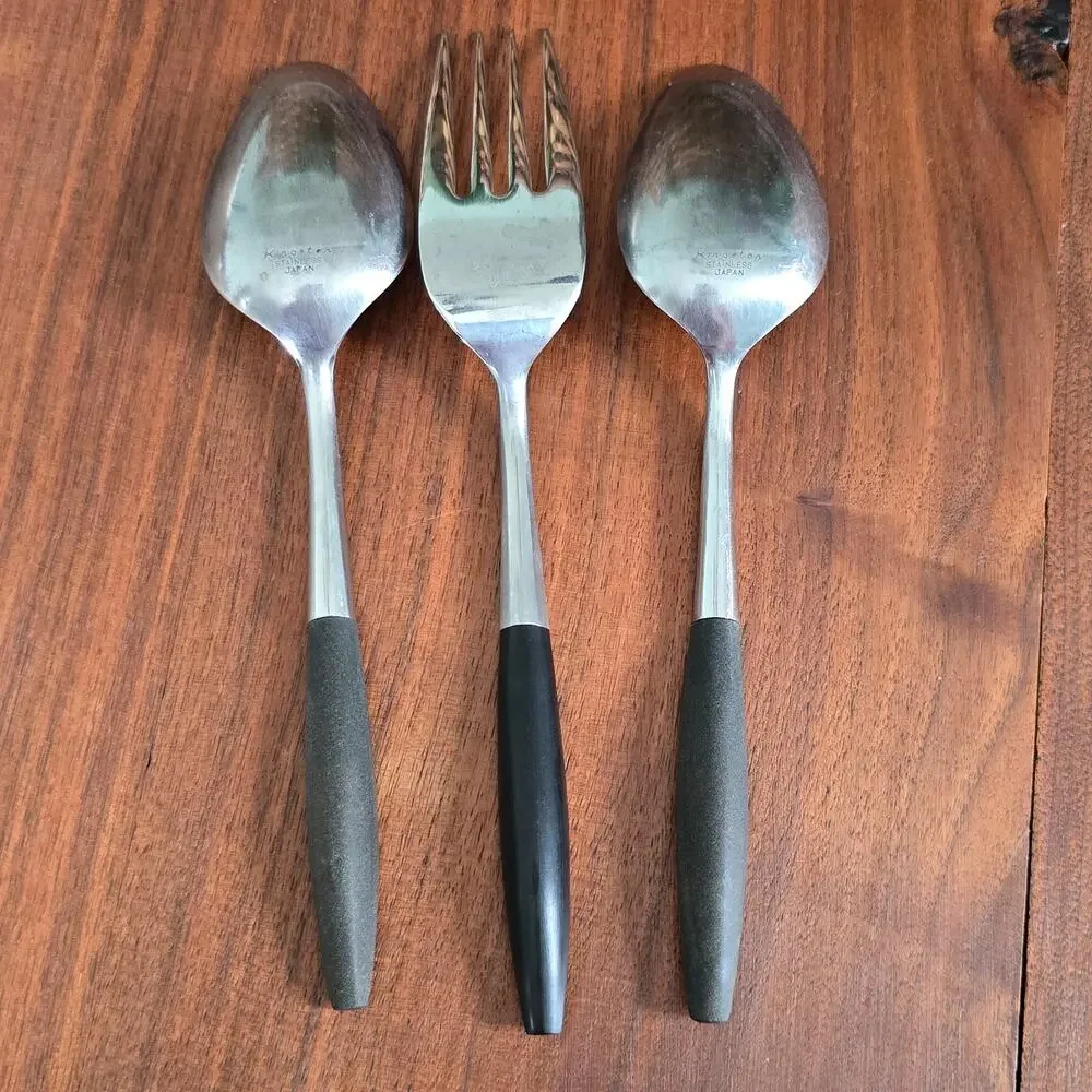 Vintage Kingston Stainless Serving Meat Fork Spoons Japan Flatware Black Canoe